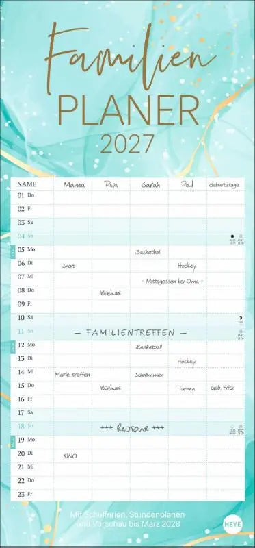 Watercolor familienplaner 2027 met teal en goud marmer design en handgeschreven familieactiviteiten kalender met veel ruimte