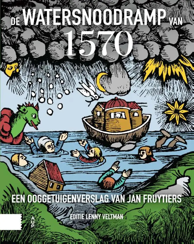 De kleurrijke voorkant van het geïllustreerde boek de watersnoodramp van 1570 met een ooggetuigenverslag van jan fruytiers