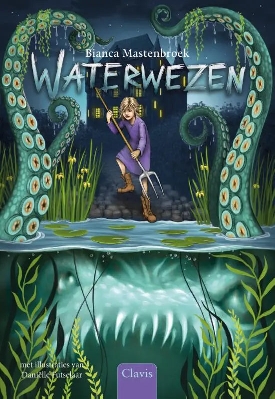 Meisje in paarse jurk met houten hooivork tussen grote groene tentakels en monsterbek onder water bianca mastenbroek