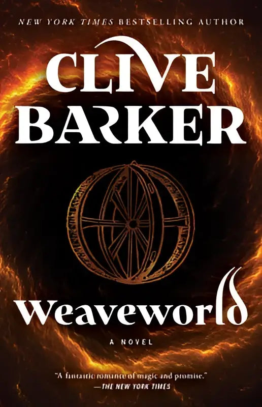 Weaveworld roman van clive barker met een donker omslag en vurige oranje en zwarte vlammen rond een gouden cirkelvormig ontwerp
