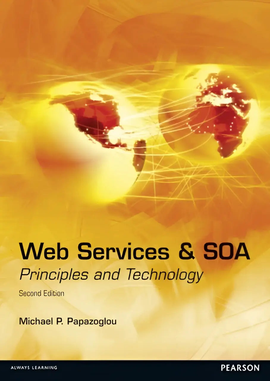 De boekcover toont een boek over web services met principles and technology en twee verbonden wereldbollen op een oranje-gele achtergrond
