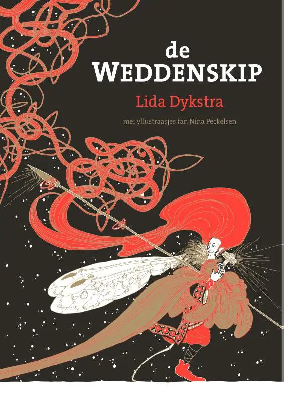 Rode en witte geïllustreerde boekomslag van de weddenskip met gevleugeld figuur en vloeiend rood haar