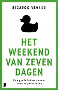 Zwart-wit grafisch ontwerp met de tekst het weekend van zeven dagen over eendjes voeren en miljoenen verdienen