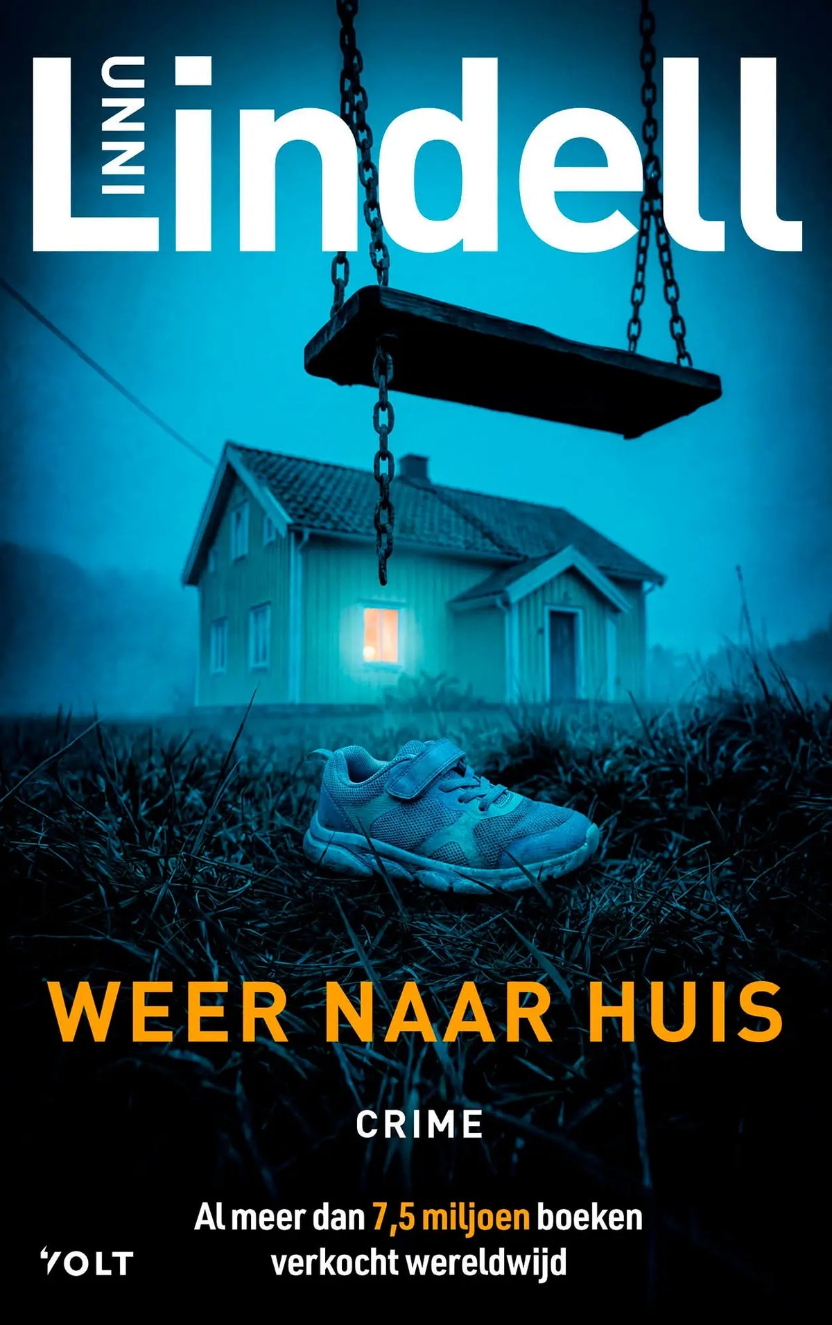 Een lichtblauwe sportieve schoen op gras voor een huis met verlicht raam en schommel unni lindell spannende boeken