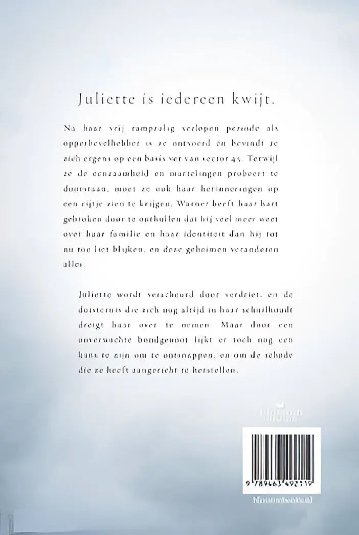 De achterkant van het dutstalige boek juliette is iedereen kwijt met zwarte tekst op lichte achtergrond uit de touching juliette-serie van tahereh mafi