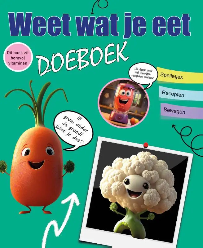 Een vrolijke oranje cartoonwortel met groene bladeren op de omslag van het weet wat je eet doeboek deel 1