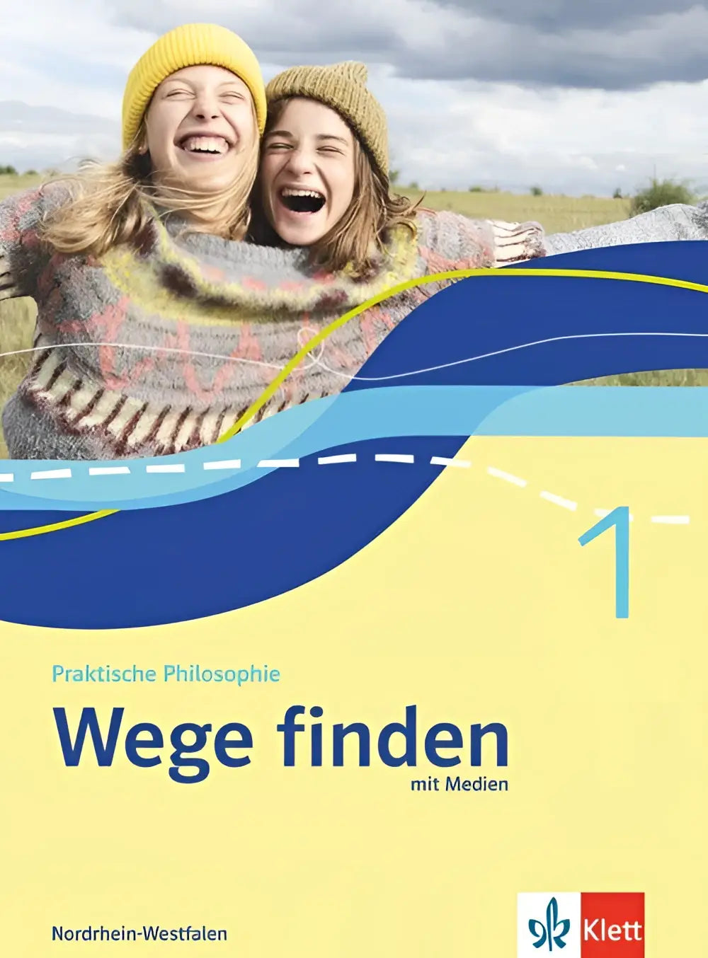 Cover van het klett schulbuch mit medien wegen finden 1 voor praktische philosophie met kleurrijk abstract golfontwerp