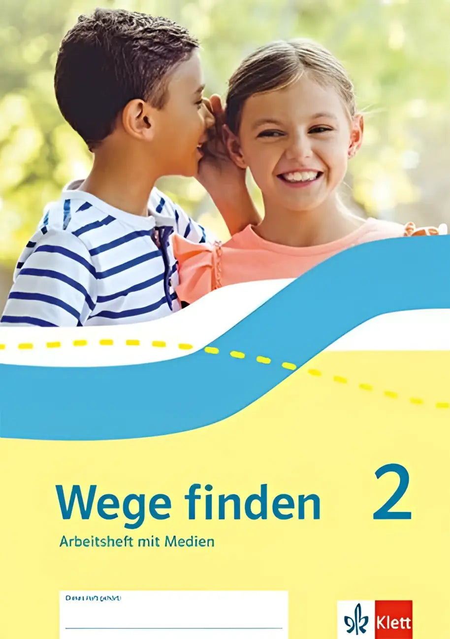 Cover van het arbeitsheft mit medien wege finden 2 door klett met lachende kinderen op gele achtergrond