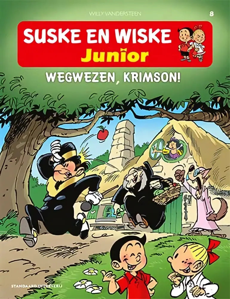 De kleurrijke cover van suske en wiske junior comic boek wegwezen krimson door kim duchateau en willy vandersteen