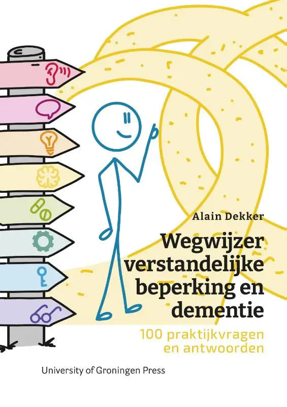De boekcover van wegwijzer verstandelijke beperking en dementie toont een blauwe figuur naast kleurrijke pijlen met iconen