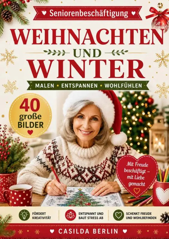 Een vrouw in een witte en rode kersttrui met een kerstmanmuts kleurend in het weihnachten und winter kleurboek voor senioren