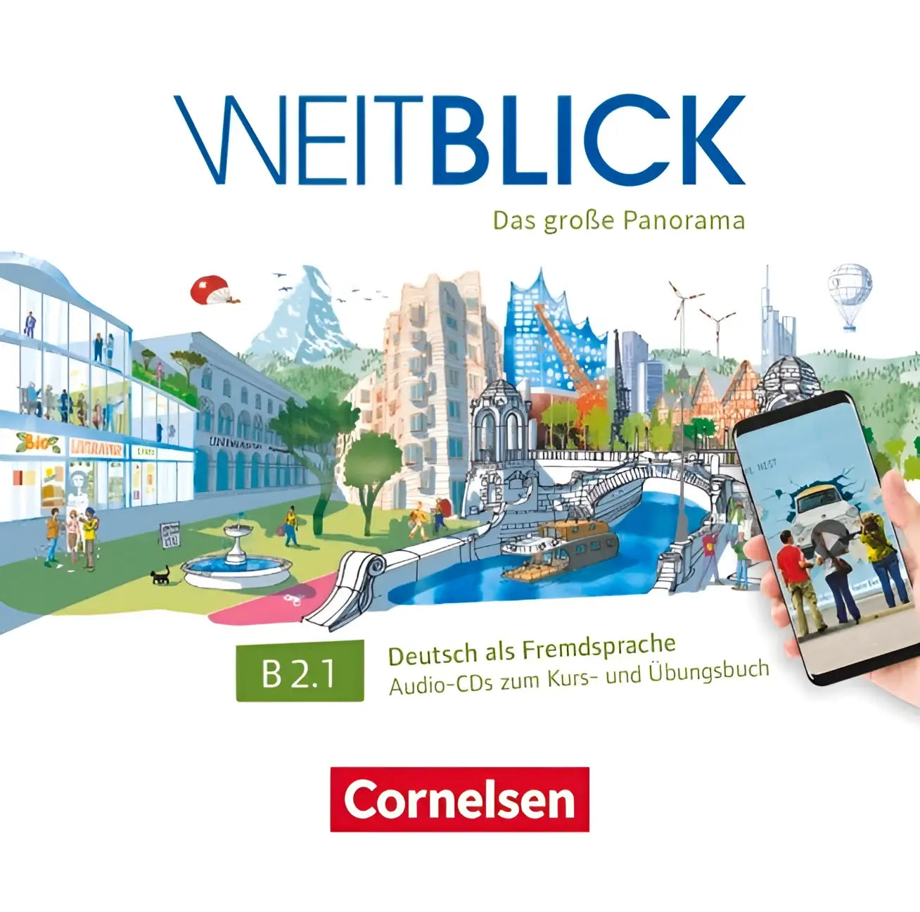 De cover van de weitblick b2.1 audio-cd ondersteunt duitse taalleerboek met kleurrijk geïllustreerd stadsgezicht en waterwegen