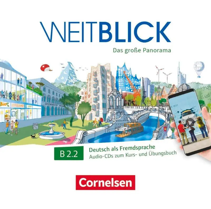 Audio-cd ondersteunt het b2.2 duits als vreemde taal cursusmateriaal van cornelsen met een geïllustreerd stadstaafzicht