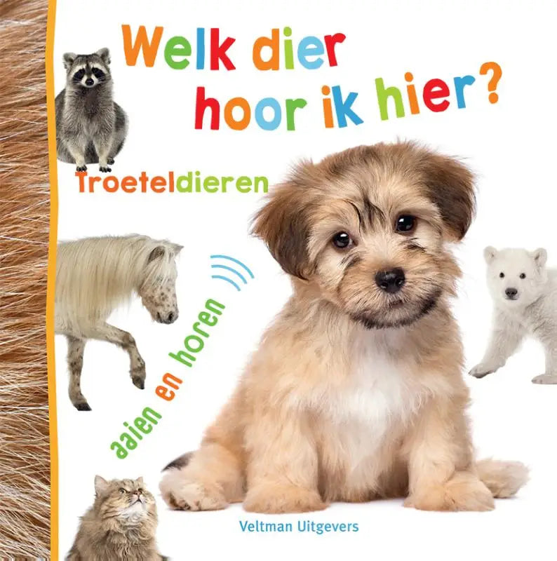 Een pluizige tan witte puppy met zachte ogen siert de voorkant van een prentenboek voor jonge lezers dier hoor