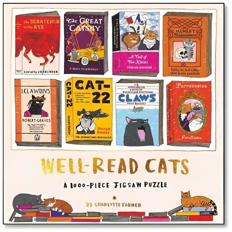 Whimsical 1000-piece jigsaw puzzle featuring illustrated book covers with cats by charlotte farmer titled well-read cats