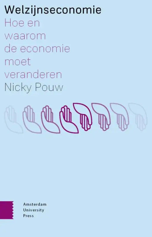 Lichtblauwe boekcover van welzijnseconomie door nicky pouw met gestileerde handafdrukken uitgegeven door amsterdam university press
