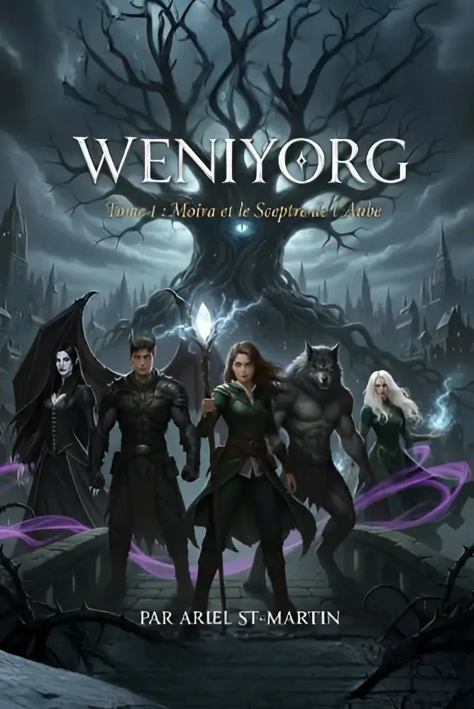 De cover van het fantasyboek weniyorg tome 1 moira et le sceptre de l’aube toont vijf personages in donkere gotische kleding voor een dreigende boom met paarse energie