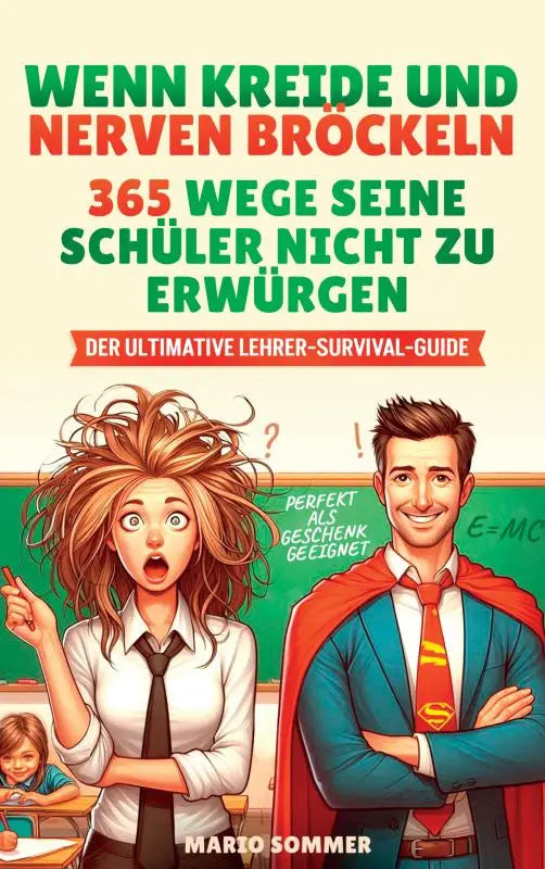 De boekcover van wenn kreide und toont een levendige illustratie van een vrouwelijke lerares en een superheld in blauw pak