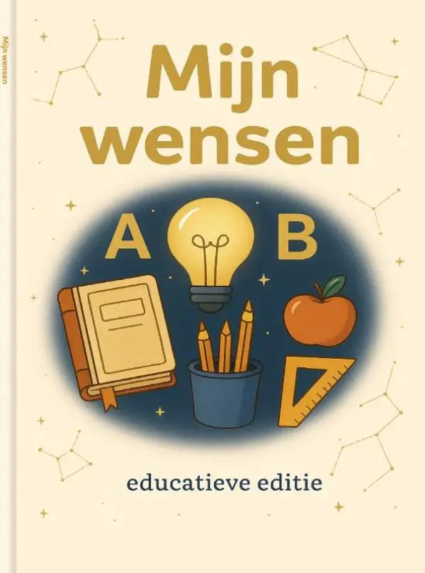 De cover van het boek mijn wensen educatieve editie toont een illustratie met educatieve iconen en een sterrenhemel