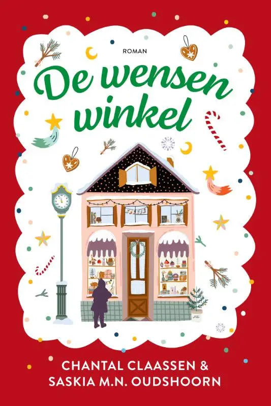 Een charmant geïllustreerde kinderboekcover van de wensenwinkel met een roze winkel en feestelijke decoraties, ideaal voor nederlandstalige feelgood romance fans