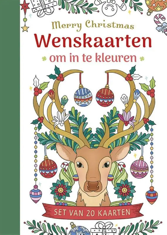 Een feestelijk merry christmas kleurboek met een charmant hert met gouden gewei en kleurrijke versieringen van deltas chantecler
