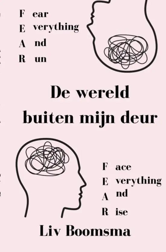 Roze boekomslag met zwarte lijntekeningen van hoofd en torso met wirwar, titel de wereld buiten mijn deur liv boomsma