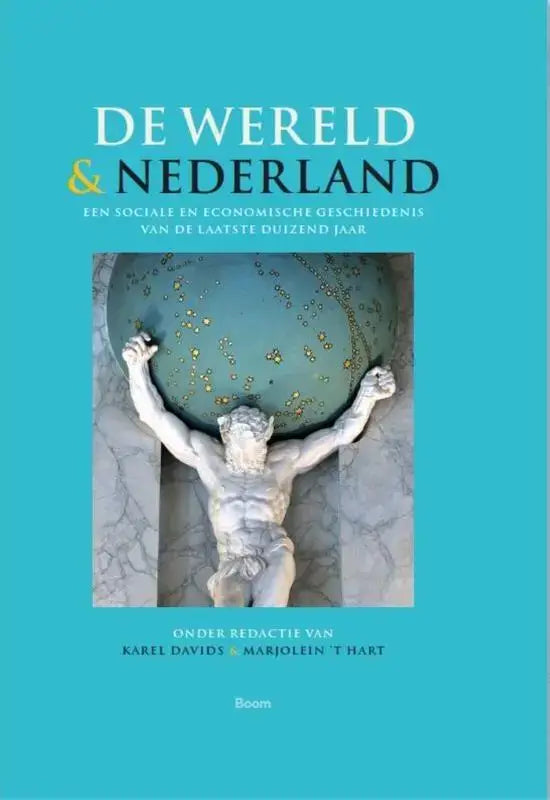 Een witte marmeren beeldhouwwerk van een gespierd figuur die een globe met gouden vlekken vasthoudt in De wereld en Nederland