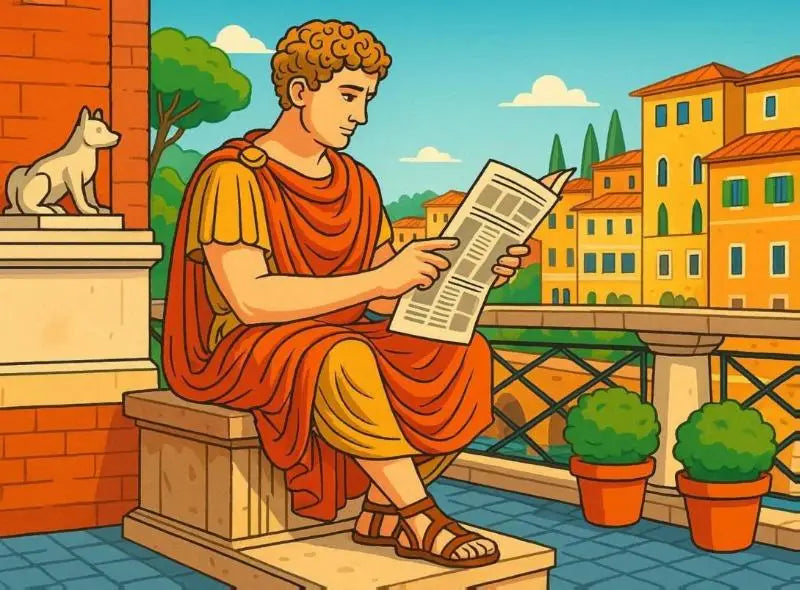 Een man in een levendige oranje toga zit op stenen trappen en leest een krant door een romeinse bril