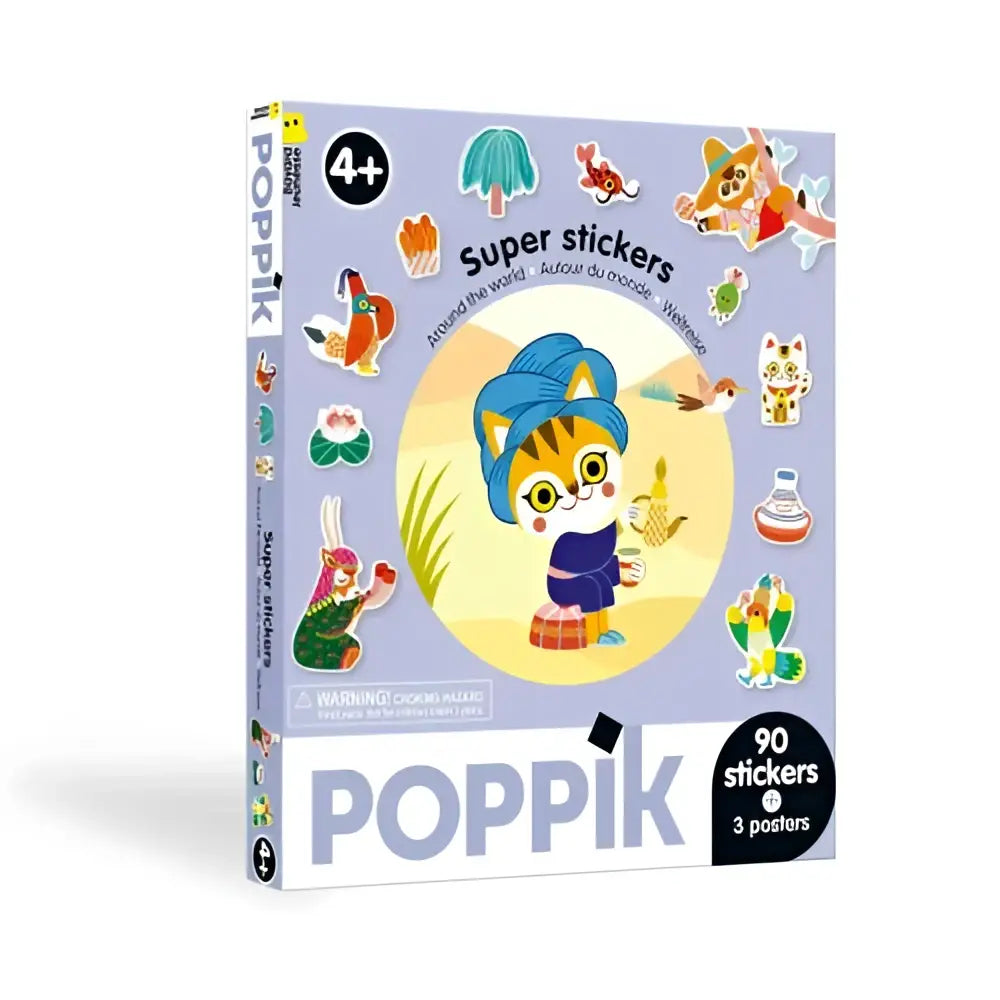 Poppik super stickers doos de wereld rond met cartoonkat in blauwe hoofddoek en paarse outfit en kleurrijke dierenstickers