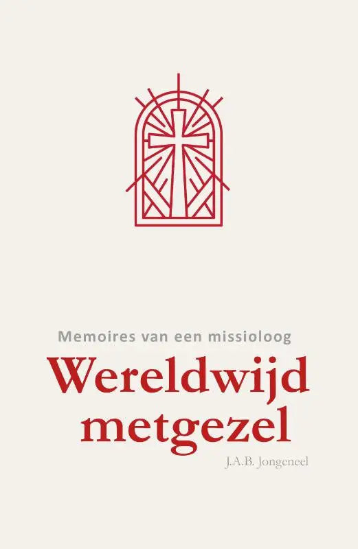 Wereldwijd metgezel boek met minimalistische rode lijntekening van glas-in-loodraam met kruis voor zending evangelisatie