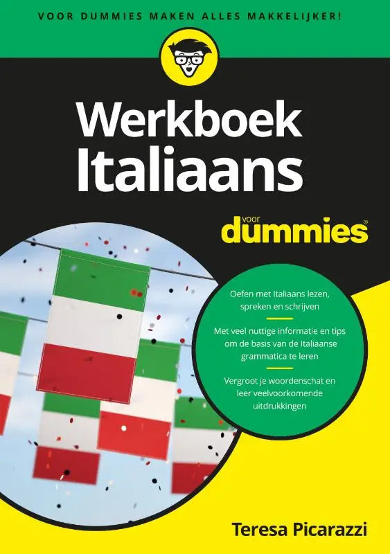 Werkboek italiaans voor dummies in zwart, geel en groen met auteur teresa picarazzi voor taalstudie