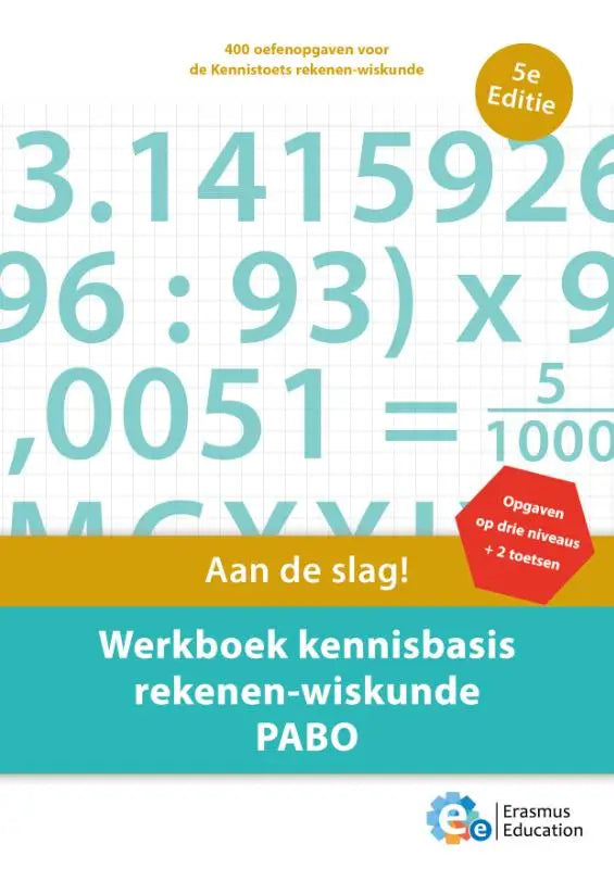 De voorkant van het werkboek kennisbasis rekenen-wiskunde pabo met lichtblauwe wiskundige formules op wit raster