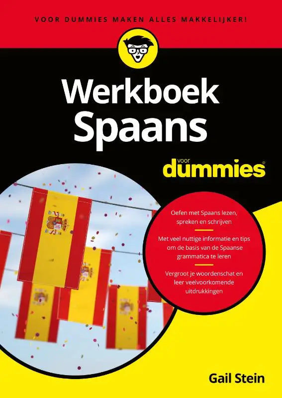 Zwart en geel werkboek spaans voor dummies met spaanse vlaggen op de voorkant gericht op de spaanse taal leerdoelen