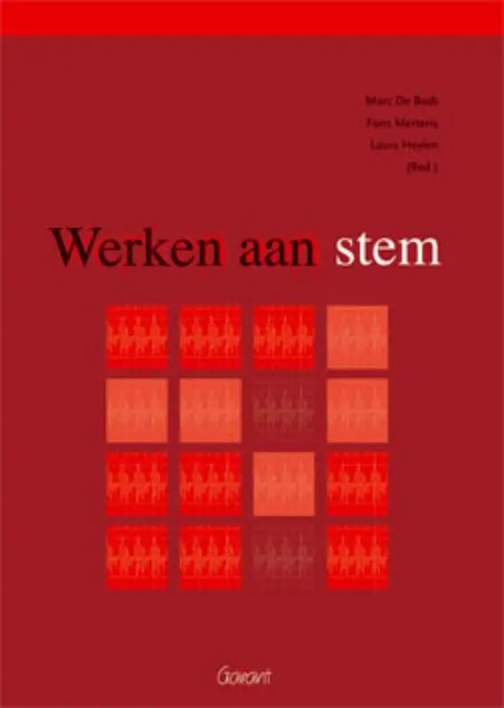 Rood boek werken aan stem met zwarte en witte tekst en oranje vierkanten met vage silhouetten op de cover
