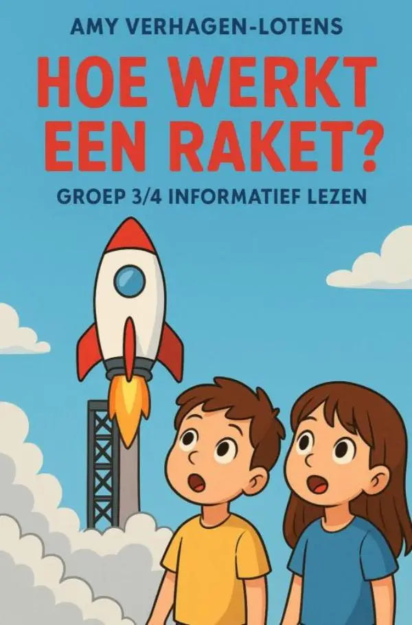Cart cartoon raket met wit lichaam rode neus en vinnen en oranje vlammen voor informatief lezen groep 3/4