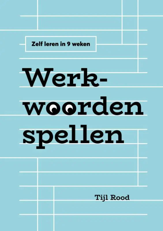Lichtblauw boekwerkwoorden spellen met zwarte tekst en wit raster door tijl rood voor taaloefeningen