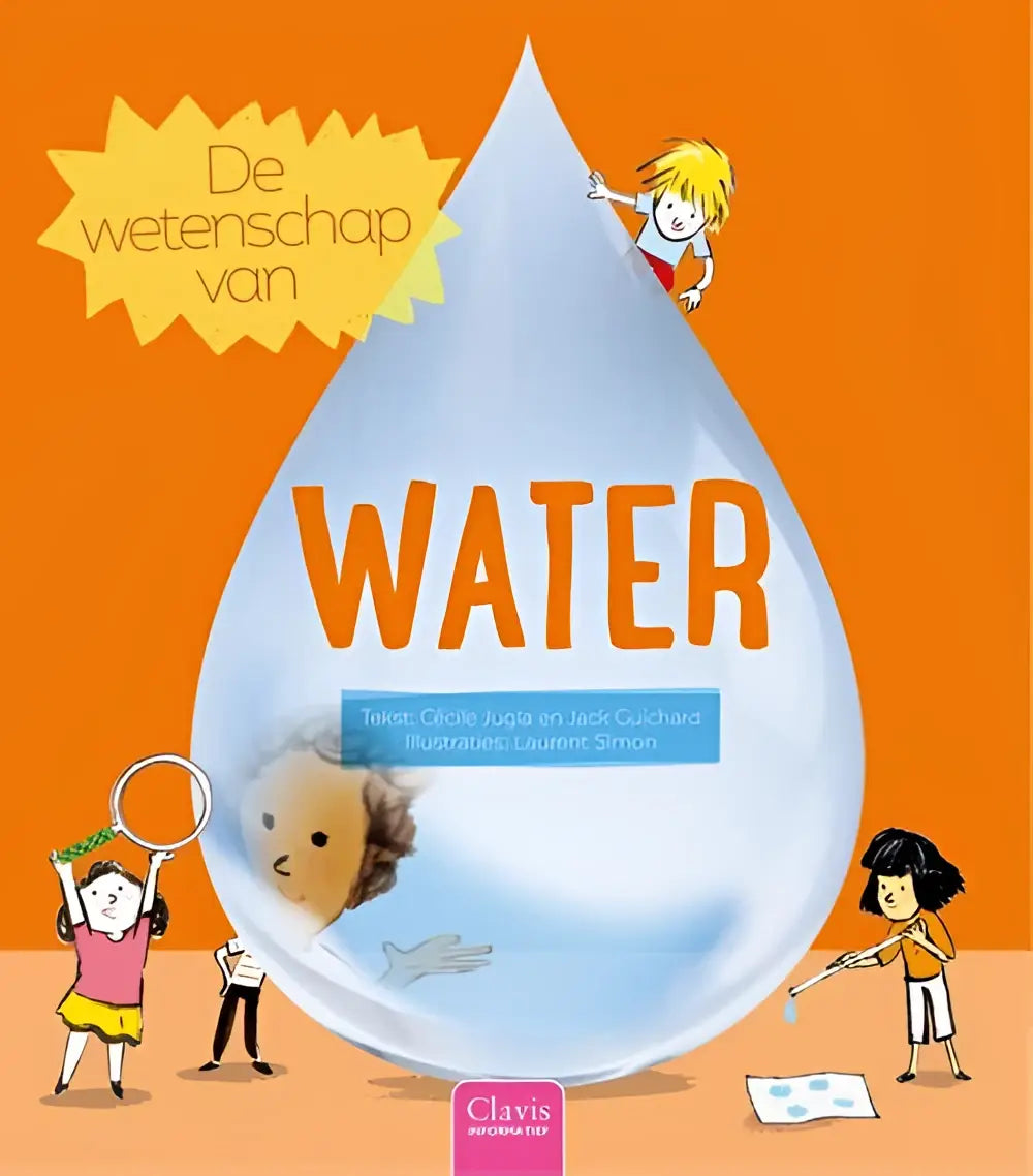 Een levendig oranje kinderboekdeksel van de wetenschap van water met cécile jugla jack guichard en jonge lezers