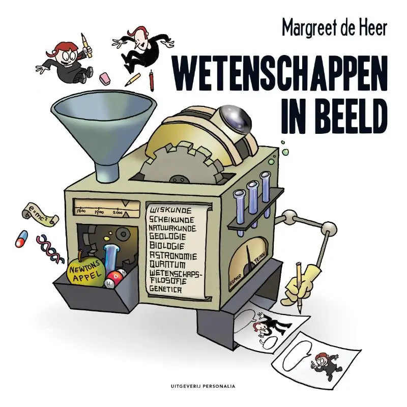 Het boek wetenschappen in beeld bevat een beige illustratie van een machine met metalen tandwielen en tubes door uitgeverij personalia