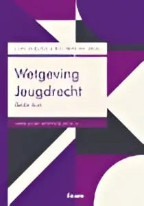 De cover van wetgeving jeugdrecht toont witte tekst op paars zwarte geometrische achtergrond door koninklijke boom uitgevers