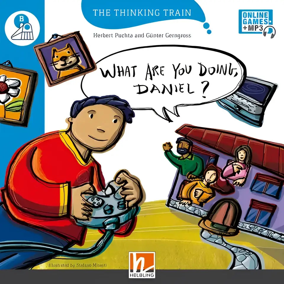 Boekcover De denkende trein met jongen in rood met blauwe controller, What are you doing, Daniel?
