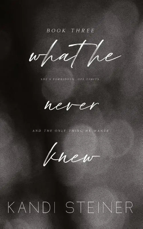 Donkergrijs boekcover met witte cursieve tekst wat he never knew van kandi steiner voor het boek what he never