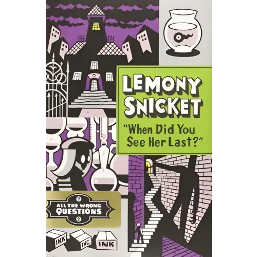 Het boek when did you see her last toont een gothic illustratie met paarse en zwarte tinten van spookhuizen en laboratoriumuitrusting
