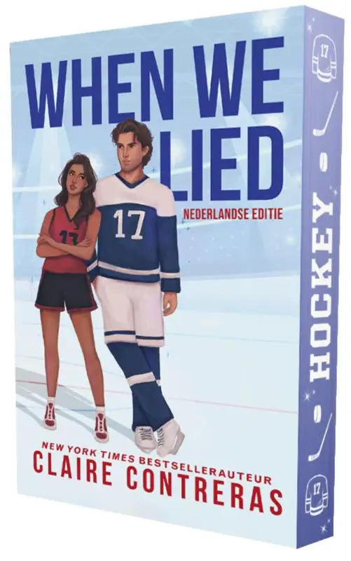 Blauw-witte hockeythema boekomslag met geïllustreerde personages voor when we lied door claire contreras fairview hockey