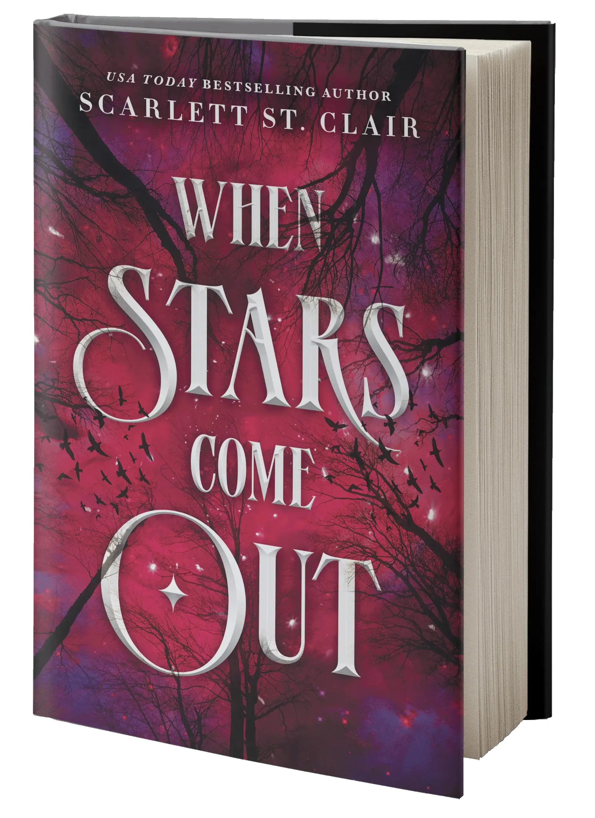A hardcover book titled when stars come out with a vibrant pink and purple cover showing silhouetted trees and stars