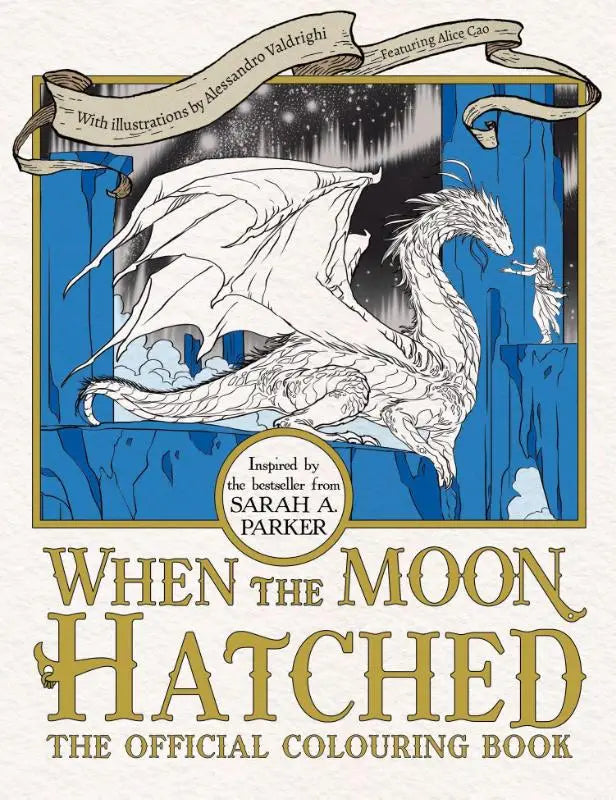 Een prachtig geïllustreerd kleurboekomslag van when the moon hatched met een witte draak en ijsblauwe achtergrond