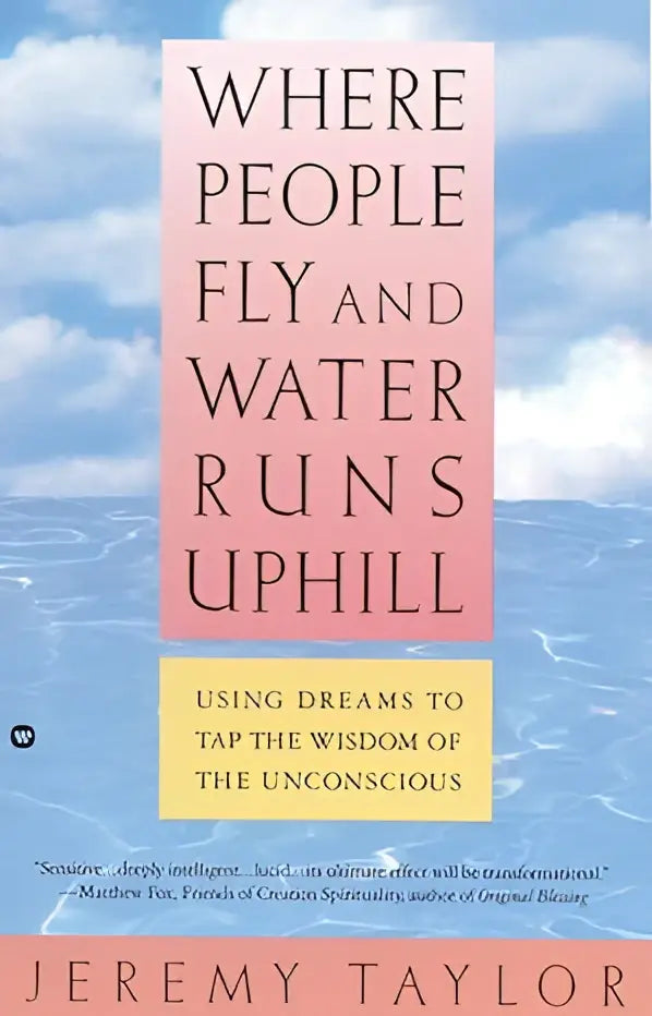 Roze boekomslag met zwarte tekst waar people fly and water runs uphill door jeremy taylor met blauwe waterachtergrond voor dromen en onbewuste wijsheid