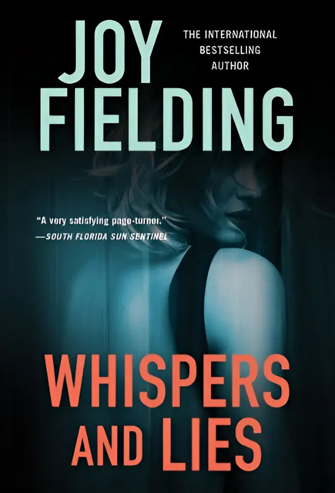 De boekcover van whispers and lies toont de titel in oranje letters met joy fielding als auteur