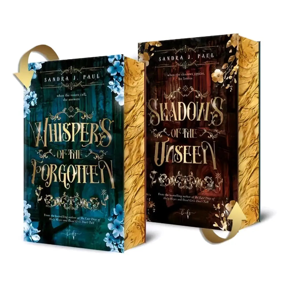 Twee hardcover young adult boeken met goudgegoten spine en bloemenmotieven genaamd whispers of the forgotten en shadows of the unseen in dark academia stijl
