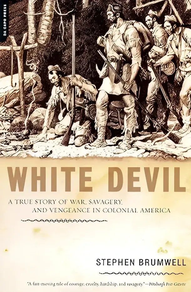 De boekcover van white devil toont een gedetailleerde zwart-wit illustratie van soldaten in koloniale kleding