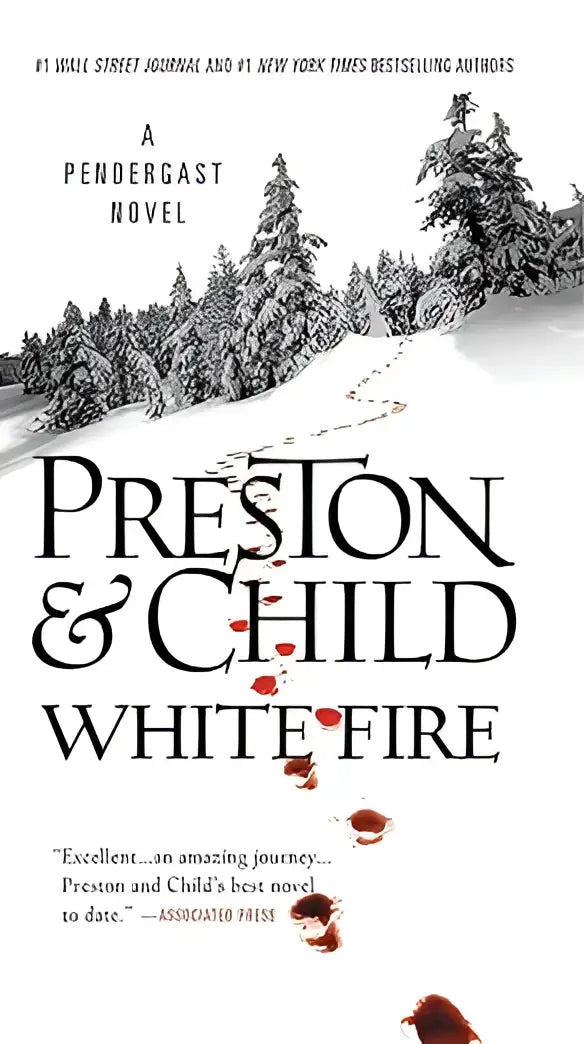 Boekcover van white fire van preston & child met een zwart-wit sneeuwbos en rode bloedvlekken, agent pendergast serie 13